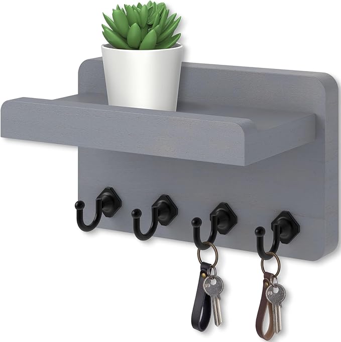 Nekon Key Holder Wall Mount, 8.5 Inch Small Home Decor Wooden Wall Organizer with 4 Hooks and Shelf, Key and Mail Holder for Living Room Entryway Kitchen (Gray)