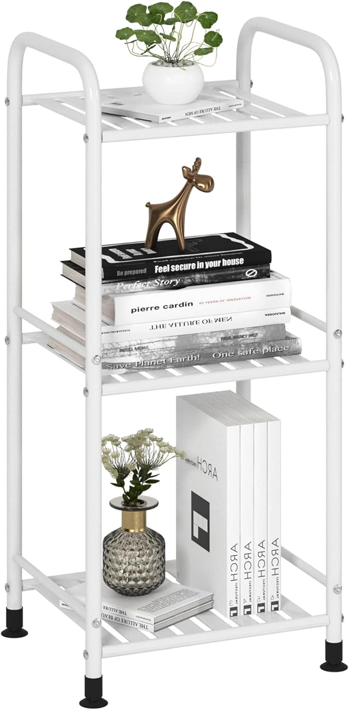 JSB 3 Tier Narrow Bathroom Shelving Unit, Kitchen Storage Rack Organizer Metal Corner Shelf for Living Room Laundry Pantry (Matte White, 3 Tier)