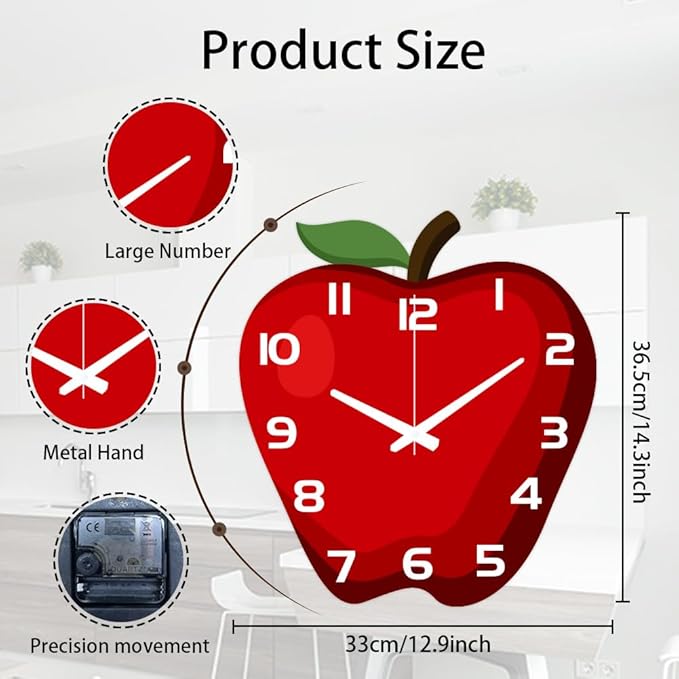 CHGCRAFT Apple Pattern Wall Clock 14.7 Inch Wood Grain Non-Ticking Irregular Shape Clocks Wall Hanging Clock Battery Operated for Bedroom Living Room Kitchen Office