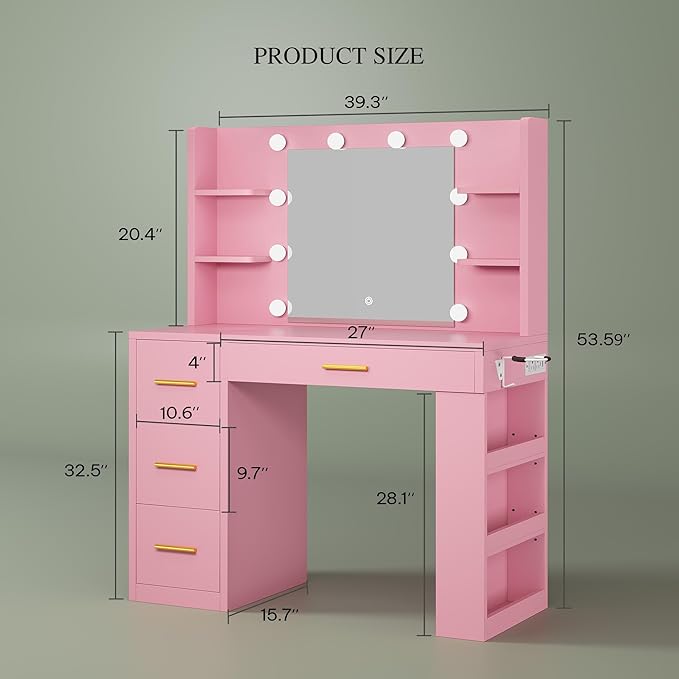 DWVO Makeup Vanity with LED Mirror, 40" Big Vanity Makeup Table with 4 Drawers and 7 Open Storage Shelves, Built-in Power Outlets & Hairdryer Holder, Pink
