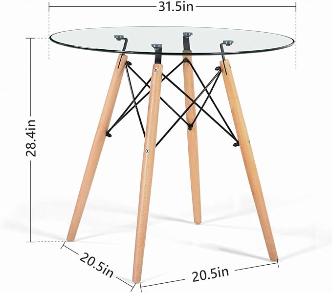 31.5 Inch Small Round Dining Table for 4 People Kitchen Home Modern Leisure Wood Legs Table Glass