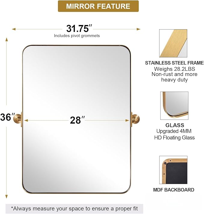 ANDY STAR 28"x36" Brushed Gold Bathroom Mirror for Wall, Brass Metal Framed Pivoting Bathroom Vanity Mirror with Rounded Corner, Tilt Rectangle Wall Mirrors Hangs Vertically Only(Overall 31.75" x 36")