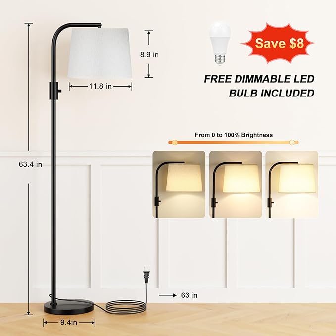 Ambimall Fully Dimmable Floor Lamp - Floor Lamps 9W LED Light Bulbs, Standing Lamps for Living Room, Tall Lamp for Bedroom (Black and Light Beige)