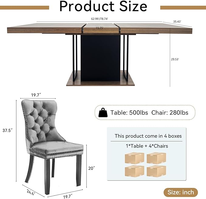 Goujxcy 78.7" Farmhouse Extendable Dining Room Table Set for 4, 5-Piece Rectangle Kitchen Dining Room Table Set with Wood Base and 4 Grey Velvet Dining Chairs, Extending Kitchen & Dining Table Set