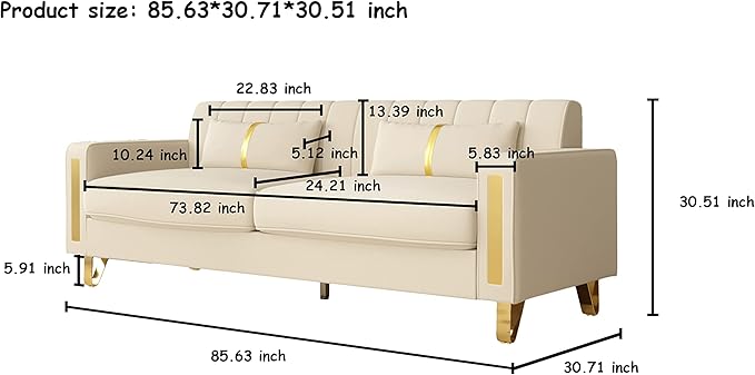 Couch 85.62" 3 Seats Sectional Velvet Fabric Sofa Easy Assemble Sofa Bed with 2 Couch Pillows,Gold Metal Legs for Living Room (P17, Beige)