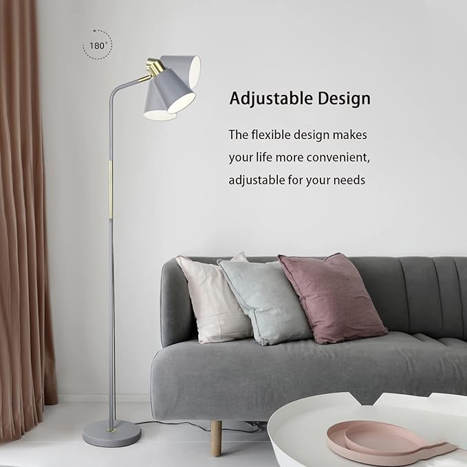 Floor Lamp, Industrial Floor Lamps for Living Rooms Rustic Farmhouse Reading Standing Floor Lamp Adjustable Metal Heads Indoor Task Lighting for Living Room Bedroom Office Home Décor (Grey)