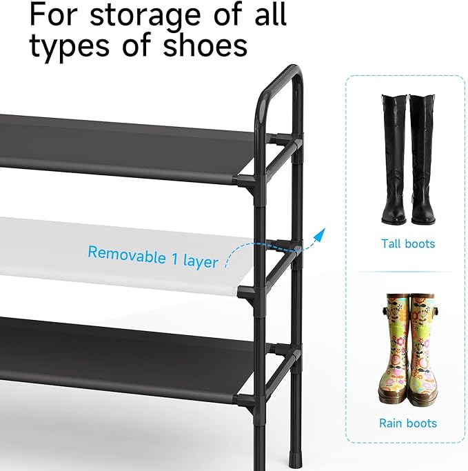 3 Tier Shoe Rack, Shoe Organizer for 18 Pairs of Shoes, Black Non-Woven Fabric Shoe Storage Shelf for Closet, Entryway, Garage, Corridor, Long Shoe Shelves