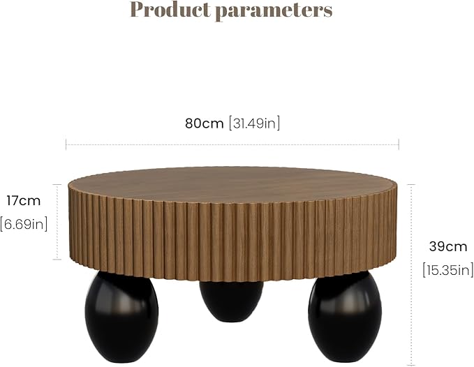 Round Fluted Coffee Table for Living Room, 31.5'' Farmhouse Luxury Round Coffee Tables with 3 Sturdy Leg Base, Natural Wood Grain Veneer Handcrafted Relief Tea Table for Apartment Small Space,Brown