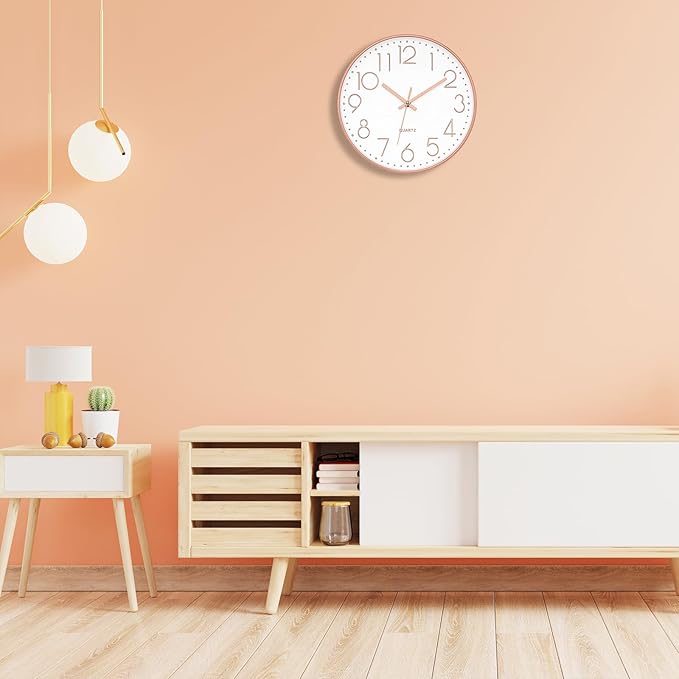 Foxtop 14 Inch Large Silent Non-Ticking Rose Gold Wall Clock Battery Operated Round Quartz Modern Wall Clock Decorative for Living Room Bedroom Kitchen Home Office