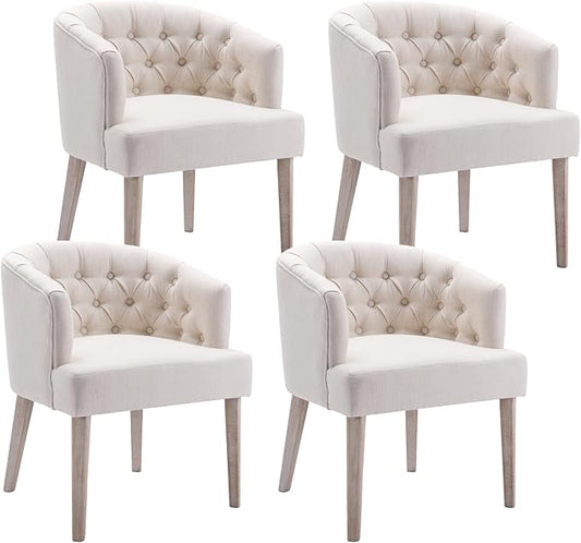 HEAH-YO Modern Dining Chairs Set of 4, Tufted Dining Room Chairs with Barrel Backrests, Upholstered Linen Kitchen Chair for Dining Room, White