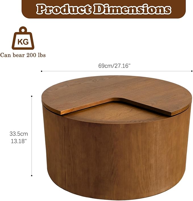 27.16" Round Coffee Table with Storage Modern Handcraft Drum Coffee Table Circle Wood Accent Center Table Small Side Table for Living Room Apartment, Small Space (Round Brown)