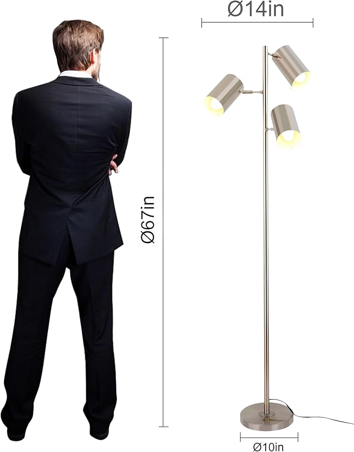 Tree Floor Lamp with 3 Light Bulbs,Nickel Standing Tall Pole Lamp with 3 Adjustable Rotating Lights,Farmhouse Floor Lamp for Living Room Bedroom Office,Vintage Standing Lamp 9W E26 LED Bulbs Included.