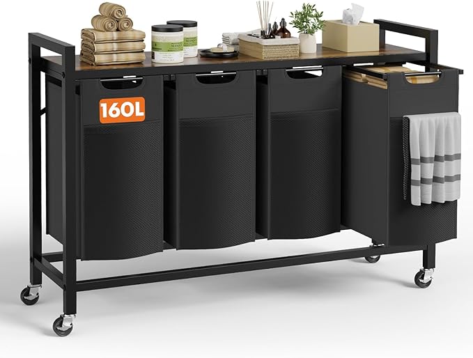 Sweetcrispy Laundry Hamper with 4 Pull-Out Removable Sorter Bags, Movable Wheels, Freestanding Clothes Basket Organizer in Bathroom, 4 × 10.6Gal (160L) Capacity, Rustic Brown and Black