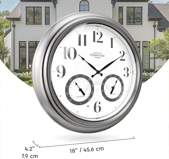 Presentime & Co 18" Illuminated in/Outdoor Atomic Clock with Smart Sensor and Night Light, Waterproof, Large Wall Clock with Thermometer & Hygrometer, for Garden and Patio, Silver.