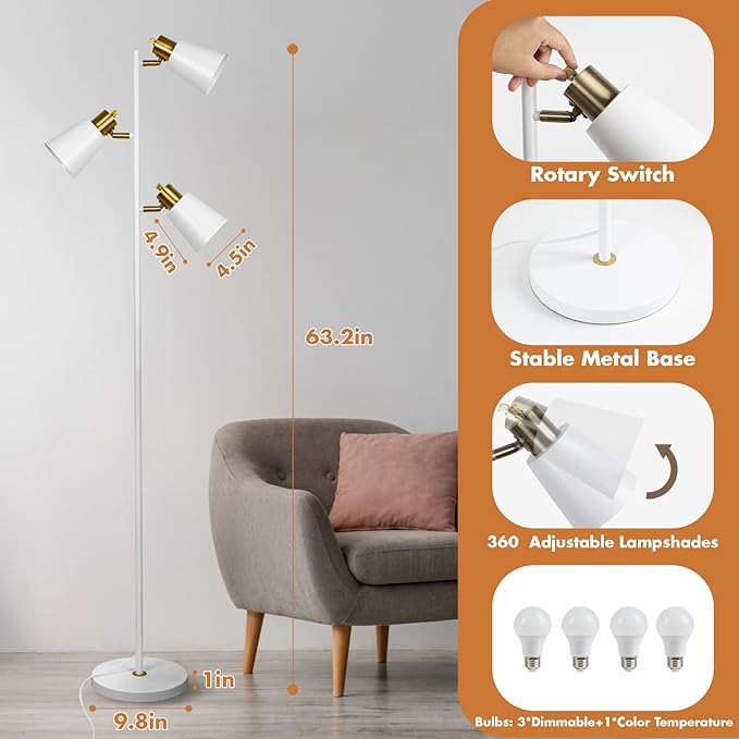 Tree Floor Lamp for Living Room, Industrial 3-Light Standing Lamp with 3 LED Bulbs, Adjustable Rotation Heads, Standing Tall Pole Lamp Farmhouse Rustic Reading Lamps for Bedroom Office (White Gold)