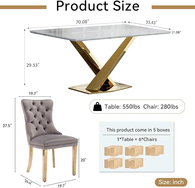 70" Faux Marble Dining Table Set for 6, 7-Piece Dining Set with White Gold Kitchen Table and 6 Velvet Tufted Chairs, Modern Rectangular Dining Room Table with X-Shape Stainless Steel Base
