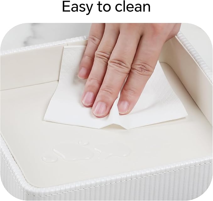 Small Valet Tray, 8"x8" Nightstand Organizer for Women Men| PU Leather Desk Organizer Trinket Dish| Decorative Vanity Tray Catch All Key Bowl for Dresser Bedside Coffee Table Entryway (Cream)