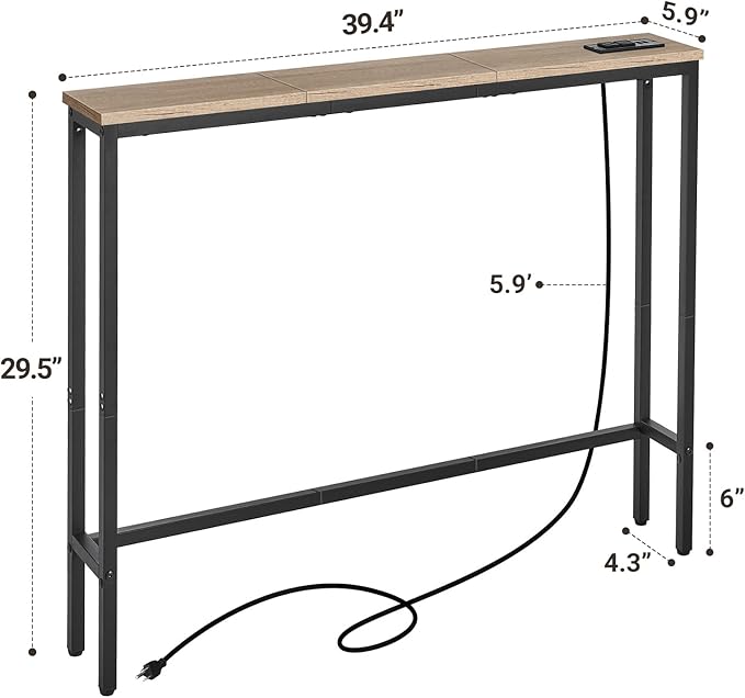 ELYKEN 5.9" Narrow Console Sofa Table with Power Outlets, Total 39.4” Long Behind Couch Table with Charge Station and 6.5’ Extension Cord for Living Room, 5.9" D x 39.4”W x 29.5”H, White Oak