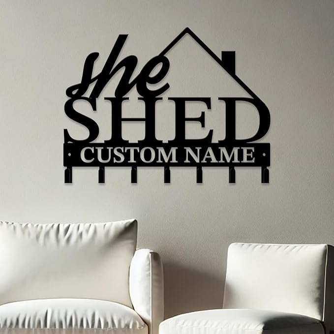 Personalized She Shed Keys Hooks,Custom Name Metal She Shed Art Keys Hooks,Metal She Shed Lover Wall Home Storage Decorative Keys Hooks,Key Holder Hooks for Wall (Style A)