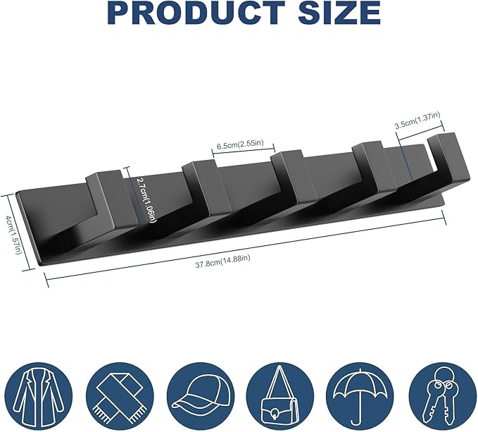 PMMASTO Coat Rack Wall Mount, Coat Hooks Wall Hooks for Hanging, Stainless Steel Coat Hanger Towel Hooks for Bathrooms, Hat Rack (Black 5 Hooks, 2 Pack)