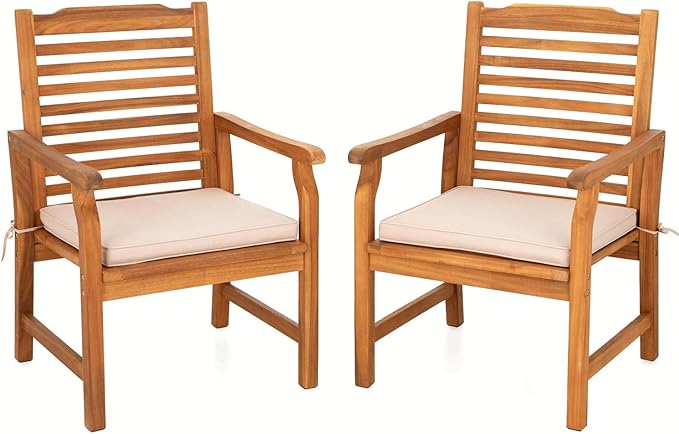 MFSTUDIO 2 Pieces Acacia Wood Patio Dining Chairs, Natural Oil Finished Teak Outdoor Dining Chair Set of 2, Slat Back Patio Dining Set Teak Outdoor Chairs with Removable Cushion for Garden, Backyard