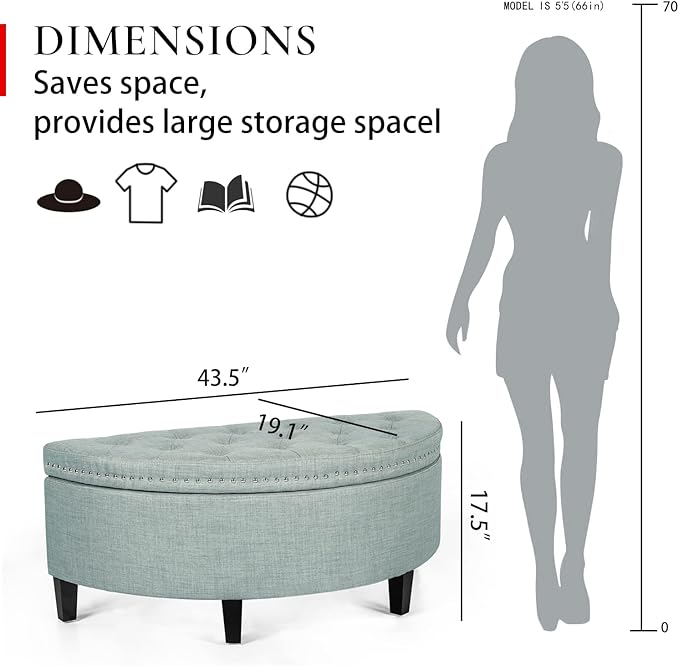Homebeez 43" Half Moon Storage Ottoman, Button Tufted Bedroom Benches for Entryway Living Room (Light Blue)