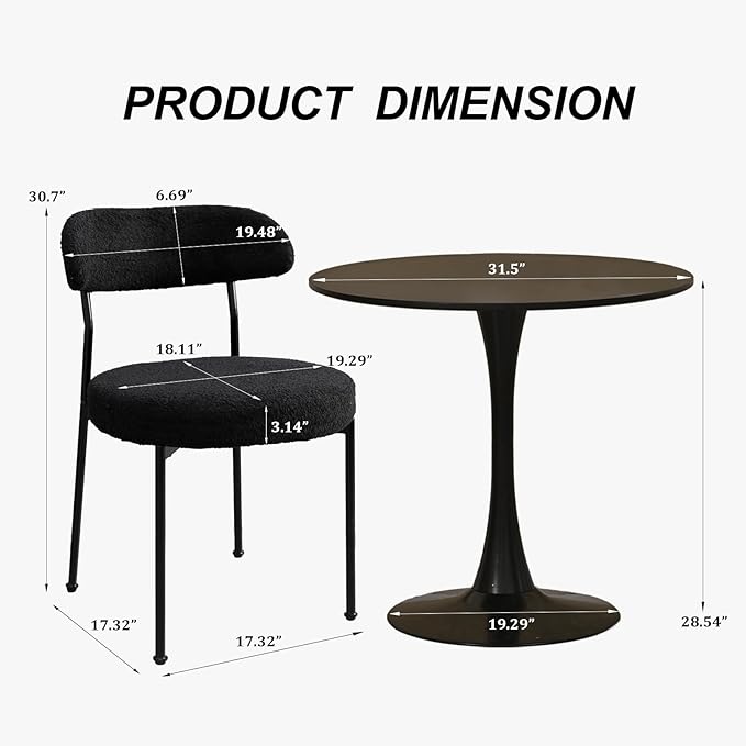 SoarFlash Kitchen Table and Chairs for 2, 31.5" Dining Table Set for 2 with Boucle Upholstered Chairs, 3 Piece Round Kitchen Table Set, Dining Room Table Set for Small Space, Apartment, Black