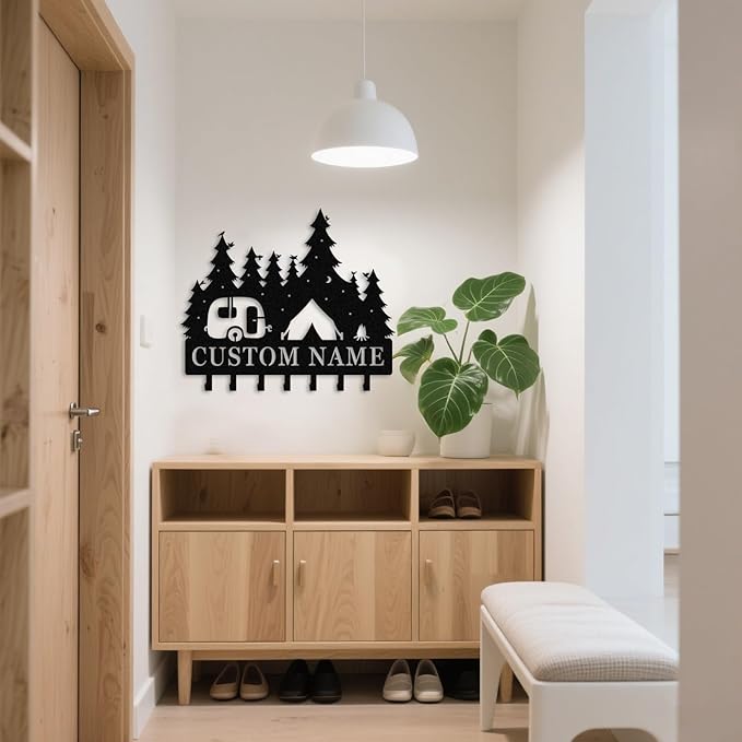 Personalised Metal Key Rack Hooks,Camp Theme Key Holder with Name,Custom Key Holder for Wall,Home Sweet Home Decor,Housewarming Gift Camp 2