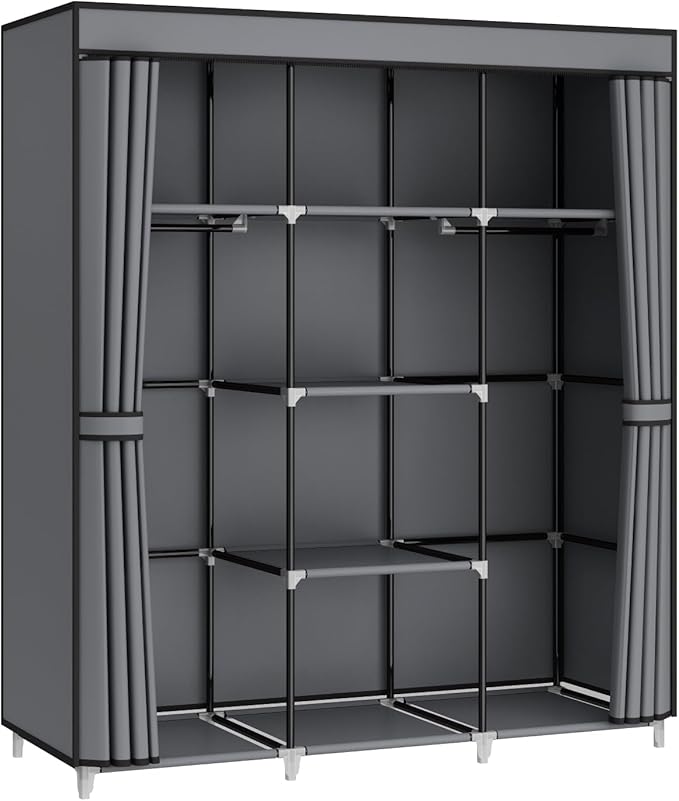 Portable Closet Wardrobe, 51-Inch Clothes Organizer with 2 Hanging Rods and 8 Shelves, Non-Woven Fabric Cover, Medium Capacity Storage for Bedroom and Living Room, Grey