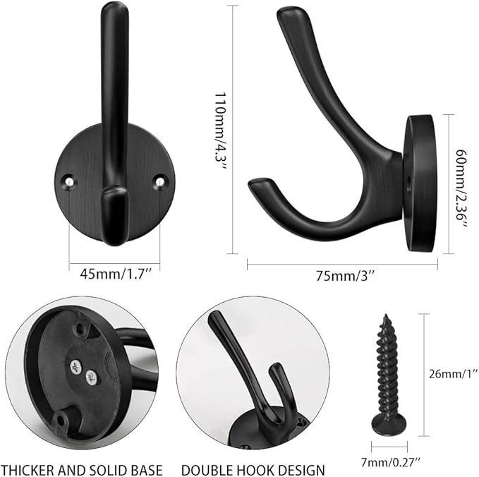 ZUONAI Black Coat Hook Heavy Duty 12 Pack Matte Black Hooks for Hanging Coats and Hat Hook Door Towel Hooks for Bathrooms Wall Mounted Double Metal Robe Hook Kitchen Hanger Sturdy Coat Locker Single