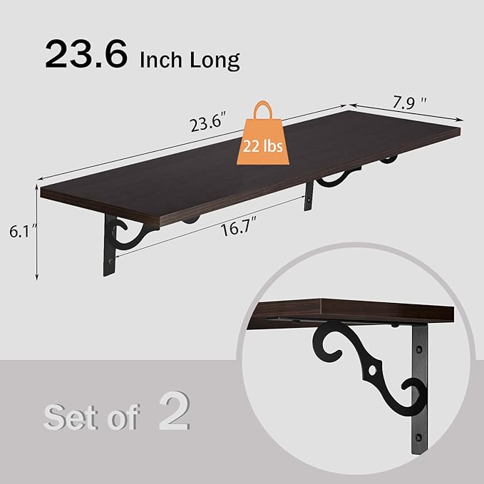 DINZI LVJ Long Wall Shelves, 23.6" Large Floating Shelves Set of 2, Farmhouse Display Shelf Wall Mounted with Heavy Duty Brackets, Easy Assembly for Kitchen, Bathroom, Bedroom, Balcony, Espresso