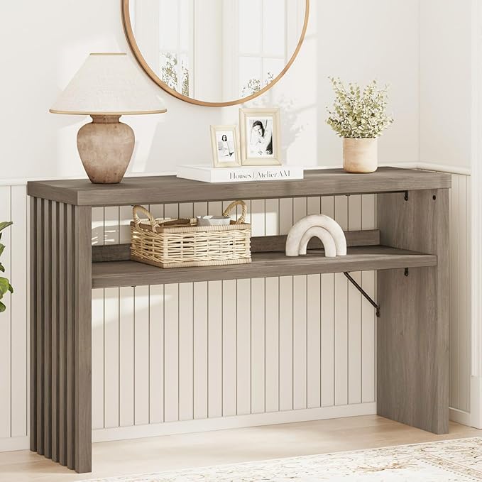BON AUGURE Sofa Console Table, Wood Entryway Table, Grey Behind Couch Tables with Open Storage, Modern Narrow Hallway Tables (Greige Oak, 47 Inches)