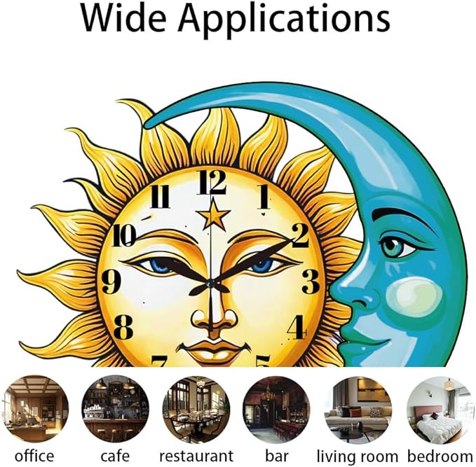 CHGCRAFT Sun and Moon Pattern Wall Clock 14.9 Inch Star Wood Grain Non-Ticking Irregular Shape Clocks Wall Hanging Clock Battery Operated for Bedroom Living Room Kitchen Office