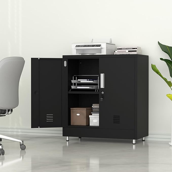 Metal Storage Cabinet with Locking Doors and Adjustable Shelf, Small Lockable Sideboard Buffet Cabinet for Home, Office, Entryway, Hallway, Living Room, Kitchen and Dining Room (Black)