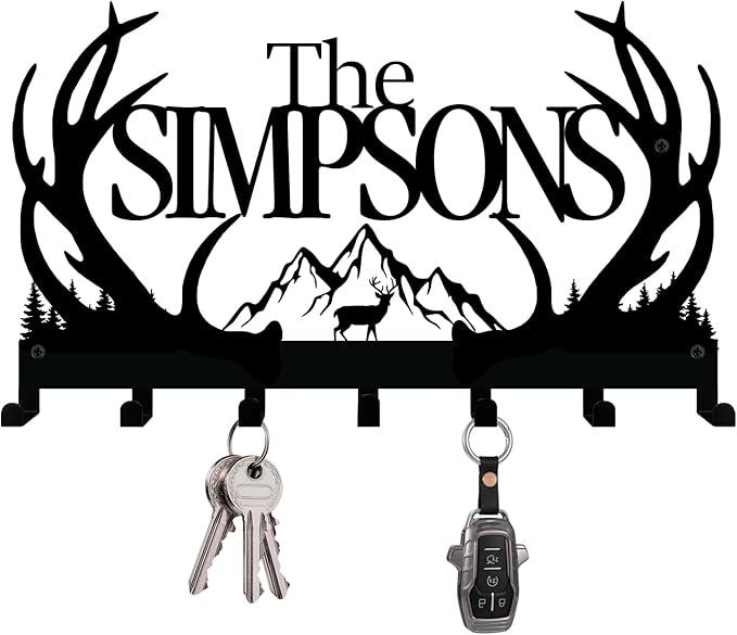 NIWAHO Personalized Family Name Metal Wall Sign with Hooks – Rustic Deer Antler Key Holder Wall Mount Customized Name for Entryway, Mudroom, Kitchen, or Bathroom Decor