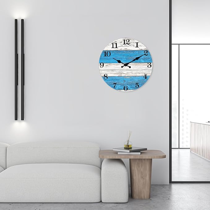 XNM 20 Inch Large Wall Clocks for Living Room Decor Blue and White Quiet Wall Clock Wood Rustic Battery Wall Clock Analog(No Solid Wood, It is with MDF Material)