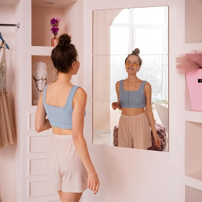 Cabilock 4 Pack Acrylic Mirror Tiles 16X16 Inch Self Adhesive Full Length Wall Mirrors with Rounded Corners Shatterproof Stick on Sheets for Bathroom Home Decor