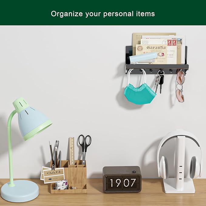 Decorative Acrylic Key Hooks Wall Mount with Shelf - Entryway Key Rack Mail Organizer Living Room Decor (Black)