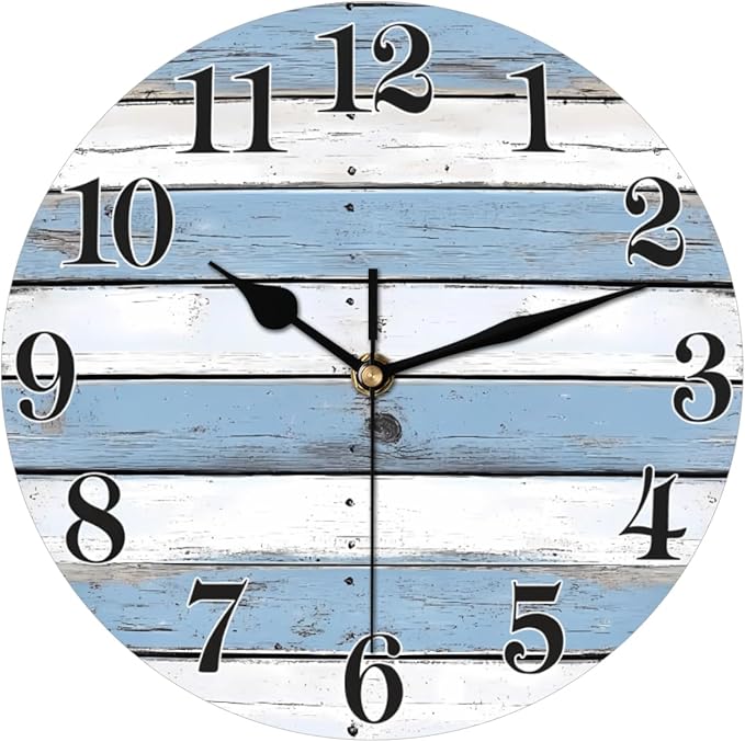 Coastal Country Wooden Wall Clock Battery Operated 10 in Round Wall Clocks Slilent Non Ticking Quartz Analog Clock for Bedroom Kids Living Room Classroom Decor