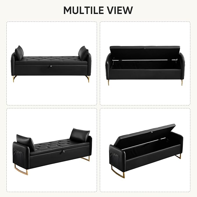 65" Leather Storage Bench, End of Bed Storage Bench King Size for Foot of Bed with Tufted Button and Gold Legs, Upholstered Faux Window Ottoman Benches with Armrests for Living Room, Black