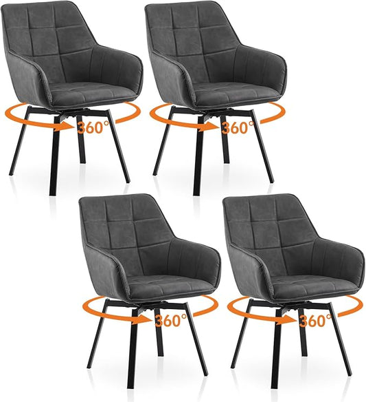 TUKAILAi Swivel Dining Chairs Set of 4, Faux Leather Upholstered Mid Century Accent Chairs with Metal Legs, Rotatable Kitchen Chair for Home Office Kitchen Restaurant (Grey)
