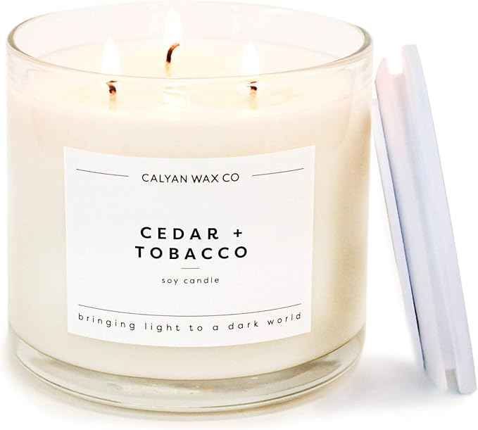 Calyan Wax Co. Cedar & Tobacco 3 Wick Scented Candle - 43 Hour Burn - Luxury 3 Wick Soy Candles - Non Toxic Soy Wax Candles - Long Lasting Large Glass Jar Candle for Home - 14.9oz