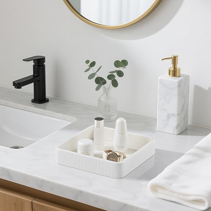 Small Valet Tray, 8"x8" Nightstand Organizer for Women Men| PU Leather Desk Organizer Trinket Dish| Decorative Vanity Tray Catch All Key Bowl for Dresser Bedside Coffee Table Entryway (Cream)