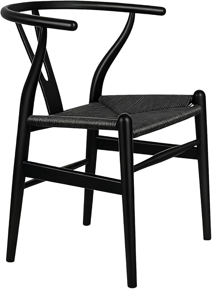 Wishbone Chair, Solid Wood Armrest Woven Seat Chair, Kitchen & Dining Chair, Wishbone Y Black Chairs - Set of 1 (Ash Wood - Black)
