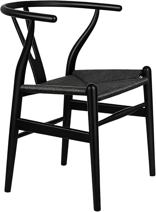 Wishbone Chair, Solid Wood Armrest Woven Seat Chair, Kitchen & Dining Chair, Wishbone Y Black Chairs - Set of 1 (Ash Wood - Black)
