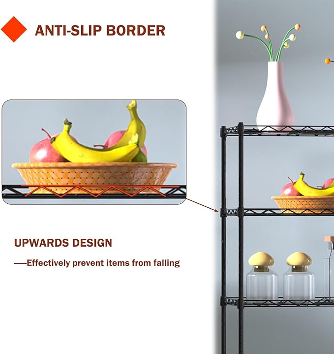 5 Tier Standing Metal Wire Shelving Unit, Adjustable Height, Storage Shelf Units for Laundry Bathroom Kitchen Pantry Closet (11.6" D x 21.2" W x 49" H inches, Black)