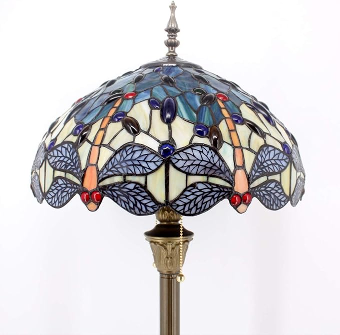 WERFACTORY Tiffany Floor Lamp Blue Yellow Stained Glass Dragonfly Standing Reading Light 16X16X64 Inches Antique Pole Corner Lamp Decor Bedroom Living Room Home Office S128 Series