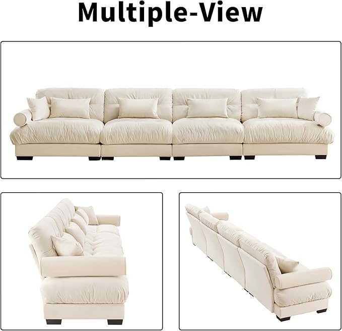 166" Oversized Couch, 4 Seater Modular Sectional Sofa, Beige White Large Sectional Couches for Living Room, Fluffy Couch Set, 4 Seater Velvet Cloud Couches with 6 Pillows, Deep Seat for Living Room