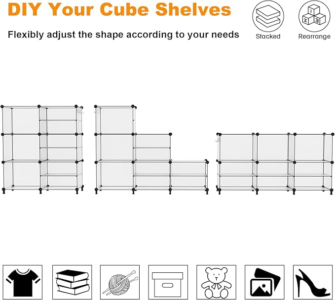AWTATOS Closet Organizer 6 Cube Storage Shelves Portable Closet Clothes Organizers and Storage Stackable Cubby Shelving for Closet Bedroom Living Room Translucent
