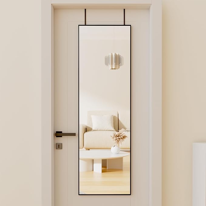 BEAUTYPEAK 16" x 50" Adjustable Height Over The Door Mirror, Full Length Hanging Door Mirror with Shatterproof Tempered Glass Aluminum Alloy Frame for Bedroom, Living Room, Bathroom, Dorm, Black